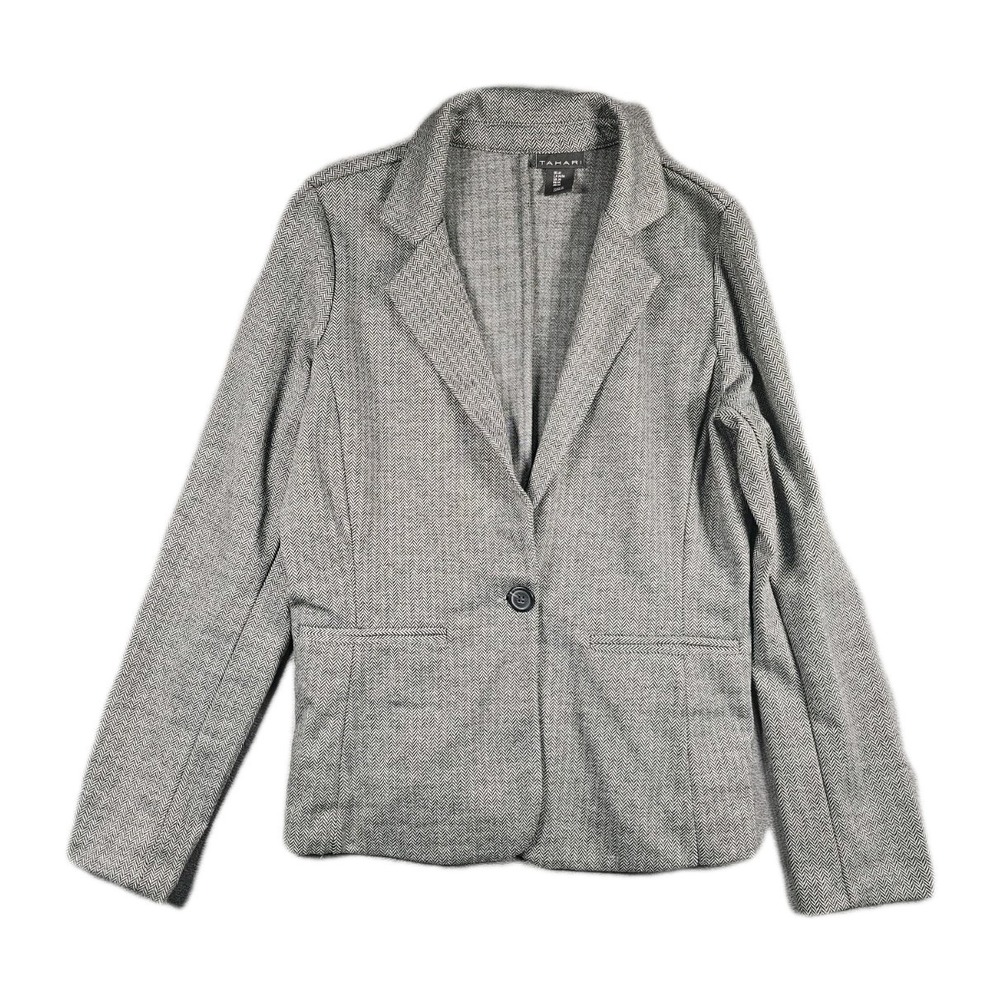 Tahari One Button Blazer Womens Medium Gray Herringbone Career Stretch Jacket